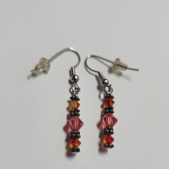 Orange Pink Red Beaded Dangle Earrings With Sterling Silver 925 Beads - Picture 1 of 3